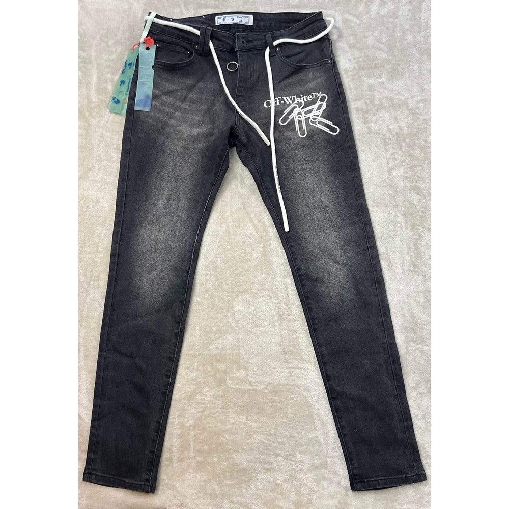 EUC Off-White Black Faded Paperclip Logo Slim Jeans Denim Mens Size 31